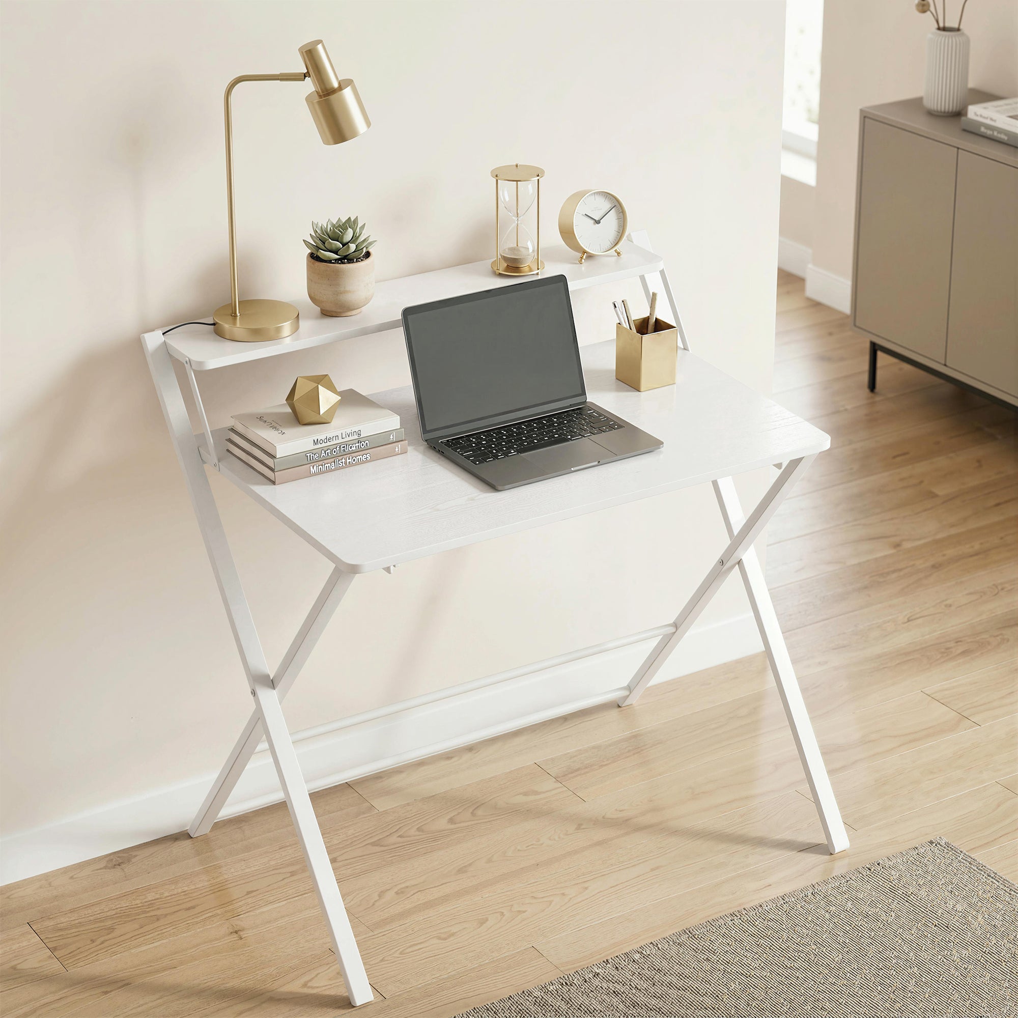 HOMCOM Compact Folding Desk for Small Spaces with Storage Shelf for Home Office, White 