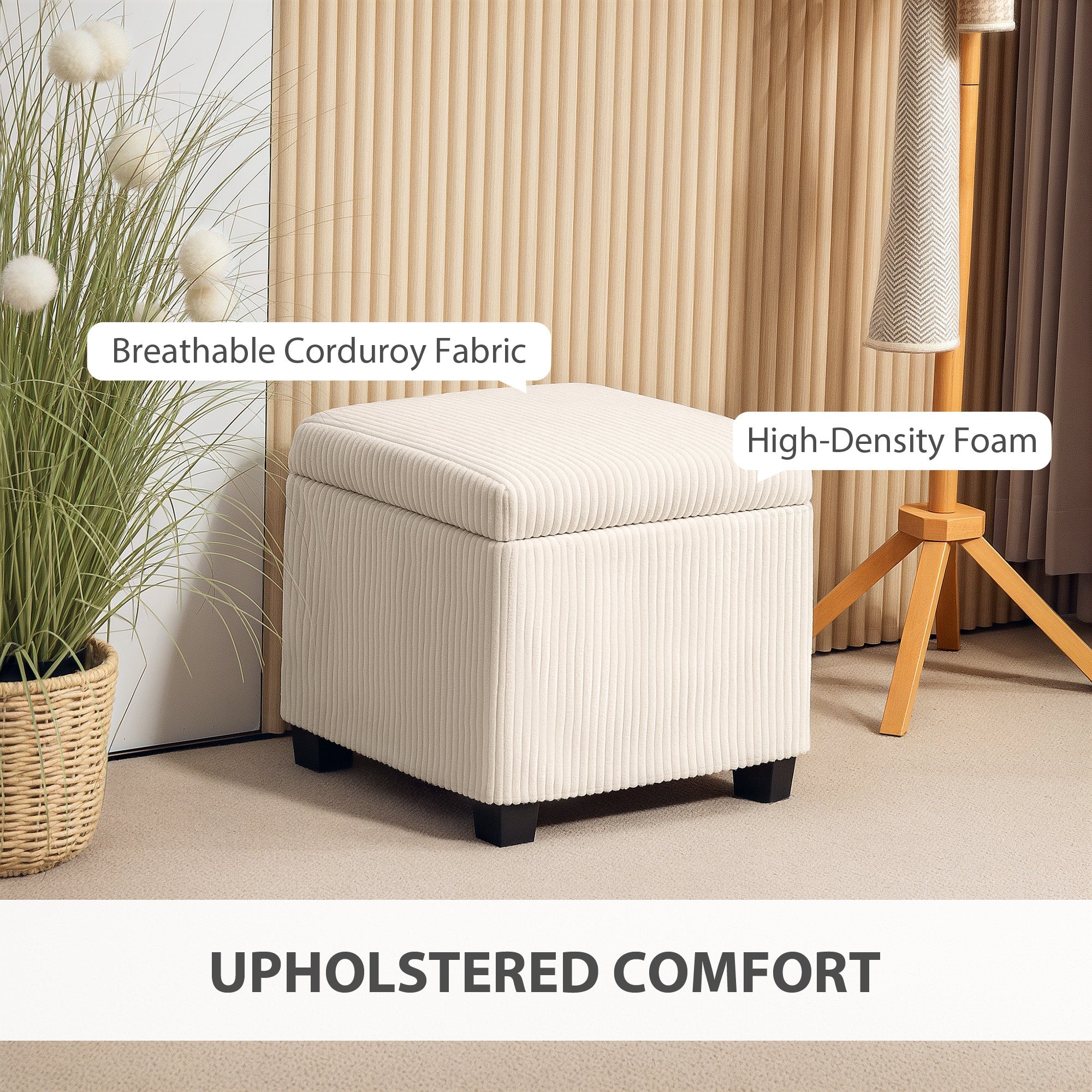 HOMCOM Storage Ottoman Bench, Corduroy Footstool with Removable Lid and Legs, 40cm Storage Chest Box for Living Room, Bedroom, Hallway, Beige 