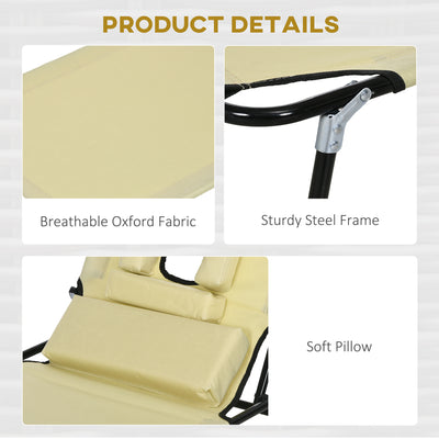 Outsunny Outdoor Foldable Sun Lounger Set of 2, 4 Level Adjustable Backrest Reclining Sun Lounger Chair with Pillow and Reading Hole, Beige 