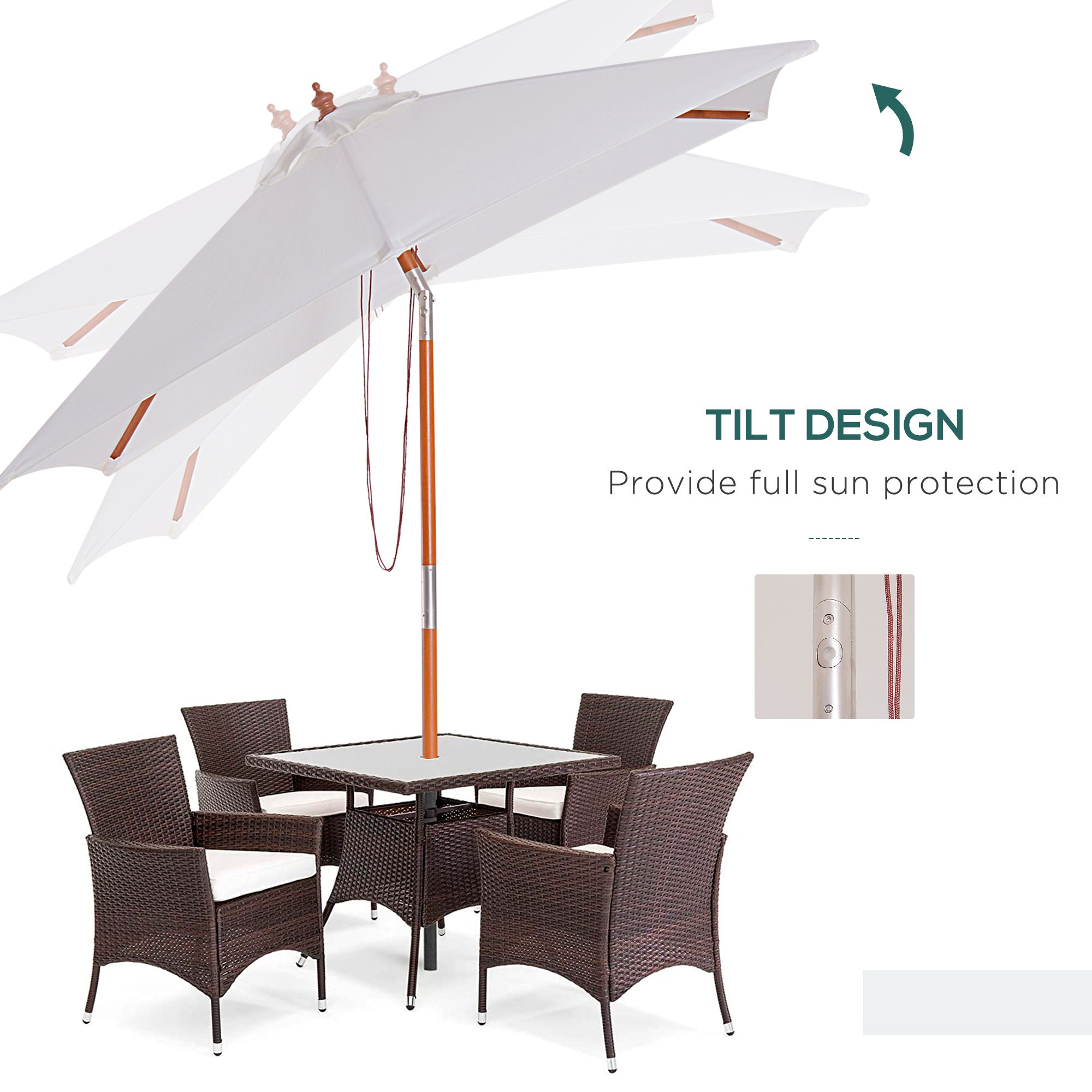 Outsunny 2m x 1.5m Garden Parasol Umbrella with Tilting Sunshade Canopy, Outdoor Market Table Umbrella with Wood and Bamboo Frame, Cream White 