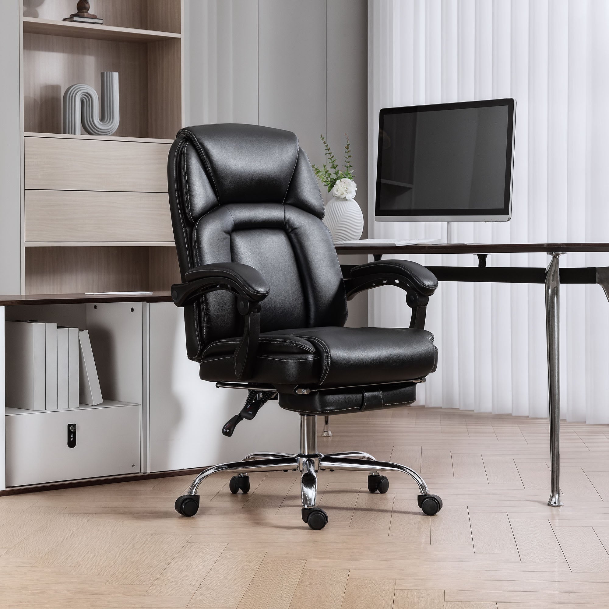 HOMCOM Faux Leather Reclining Office Chair, with Footrest - Black 