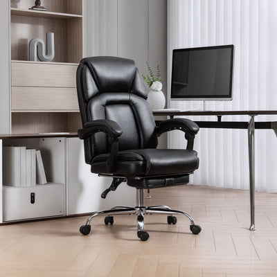 HOMCOM Faux Leather Reclining Office Chair, with Footrest - Black 