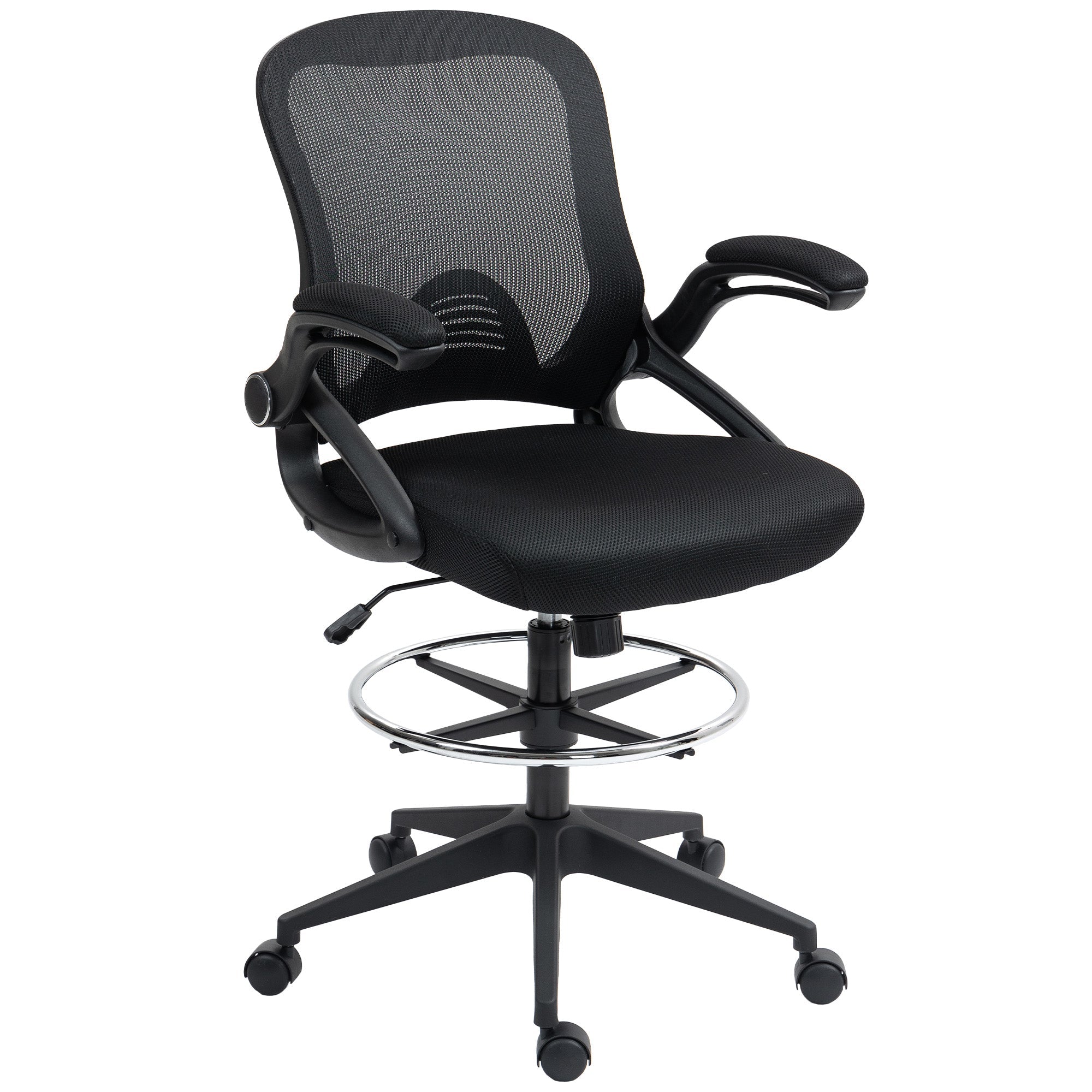 Vinsetto Drafting Chair with Flip-up Armrest, Mesh Office Stool with Foot Ring, 360° Swivel Height Adjustable Chair for Standing Desk, Black 