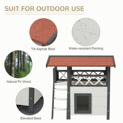 PawHut Cat House Outdoor w/ Balcony Stairs Roof, 77 x 50 x 73 cm, White 