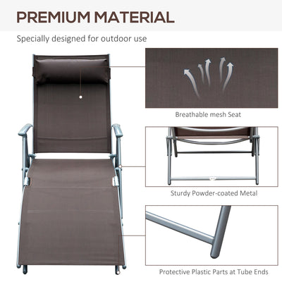 Outsunny Sun Lounger Steel Frame Outdoor Folding Chaise Texteline Lounge Chair Recliner with Headrest & 7 Levels Adjustable Backrest, Brown 