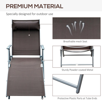 Outsunny Sun Lounger Steel Frame Outdoor Folding Chaise Texteline Lounge Chair Recliner with Headrest & 7 Levels Adjustable Backrest, Brown 