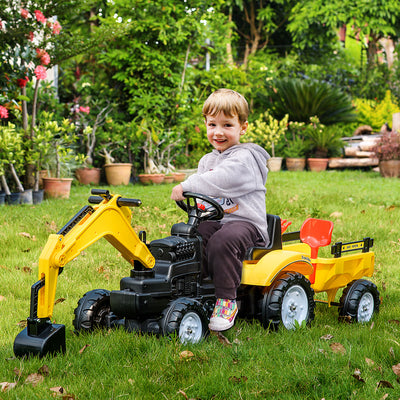 HOMCOM Kids Ride-On Construction Car, with Horn and Detachable Trailer - Yellow 