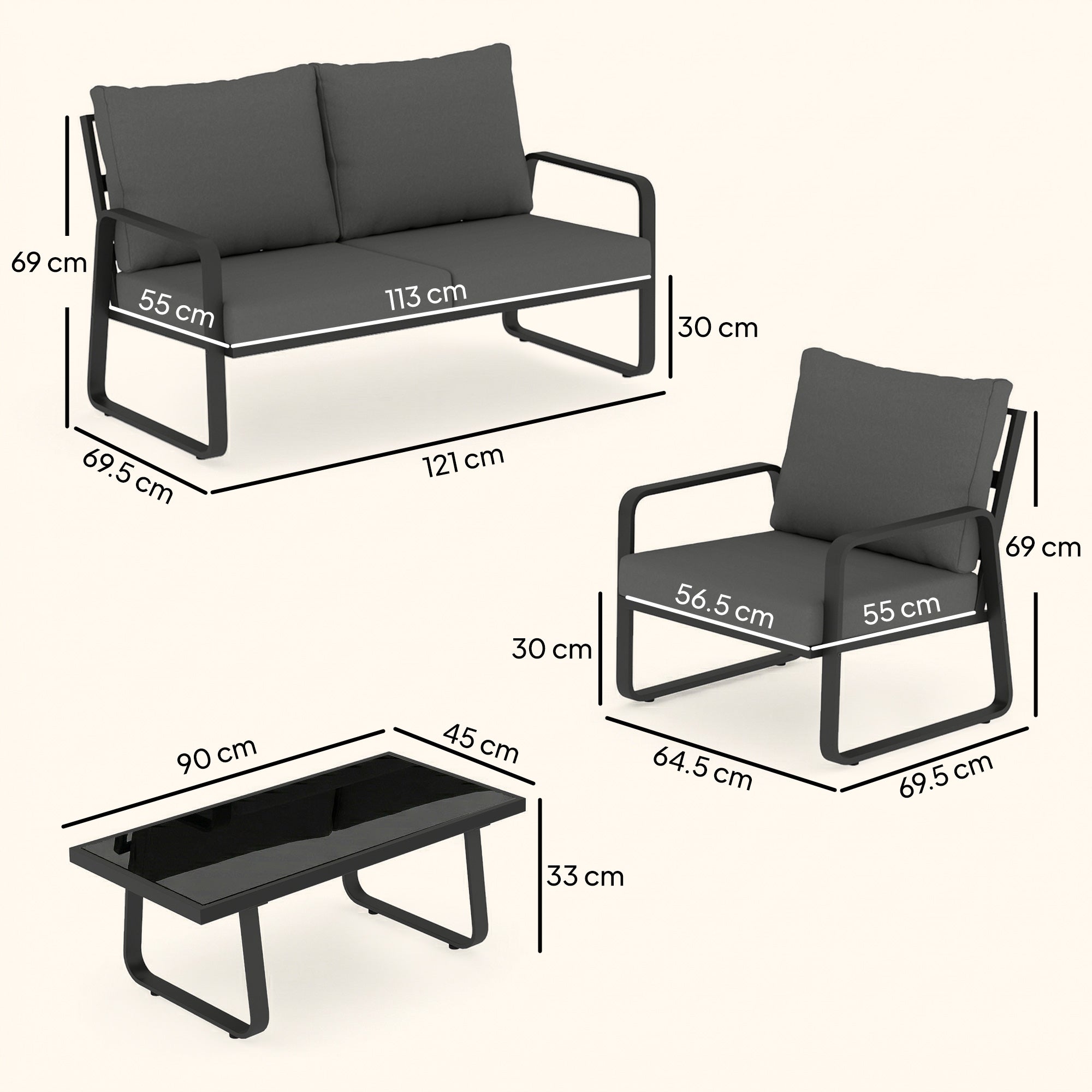 Outsunny 4 Piece Garden Furniture Set, Outdoor Sofa Set with Loveseat, 2 Armchairs, Coffee Table and Cushions 
