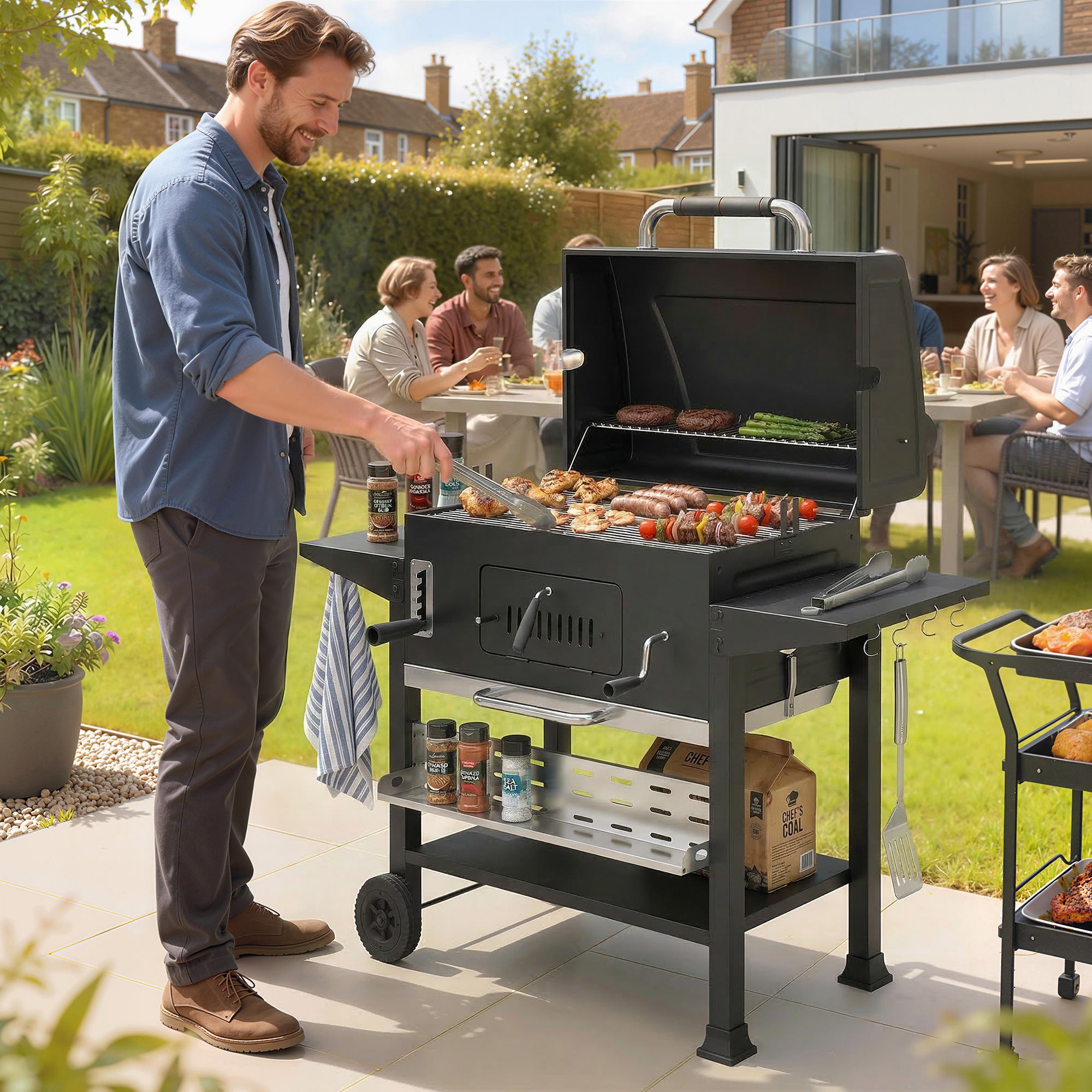 Outsunny Charcoal BBQ Grill Smoker with Electric Rotisserie Kit, Portable Barbecue Grill with Warming Rack, Black 
