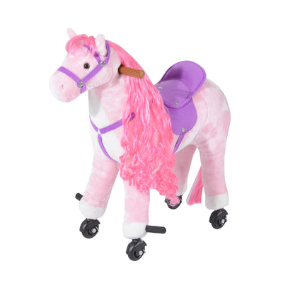 HOMCOM Plush Walking Horse Ride On Toy with Wheels and Realistic Sounds Rocking Horse for Girls Boys 3+ Years Old, 50cm Tall, Pink 