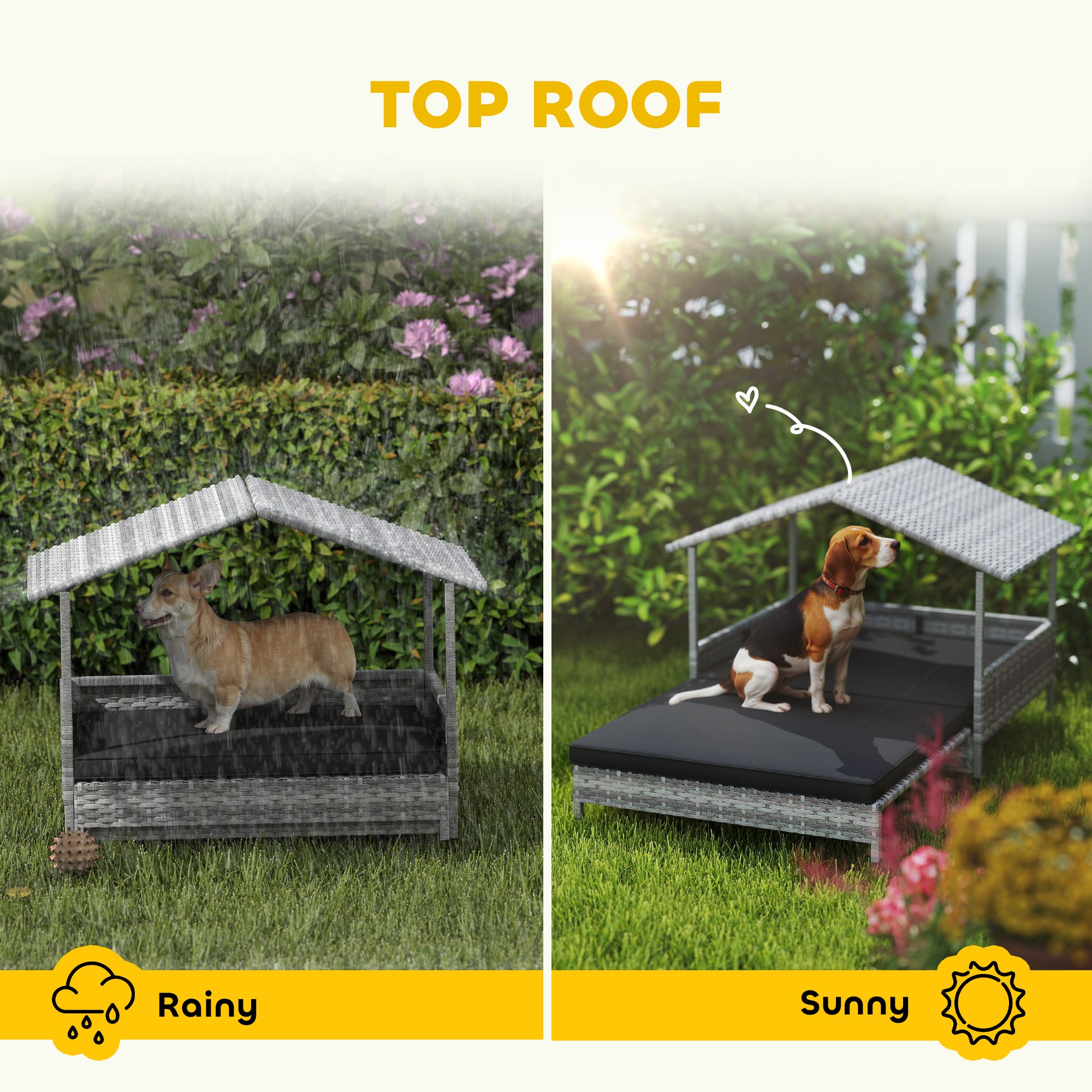 PawHut Extendable Elevated Dog Bed, Rattan Dog House, with Water-Resistant Roof, Removable Cushion, Charcoal Grey 