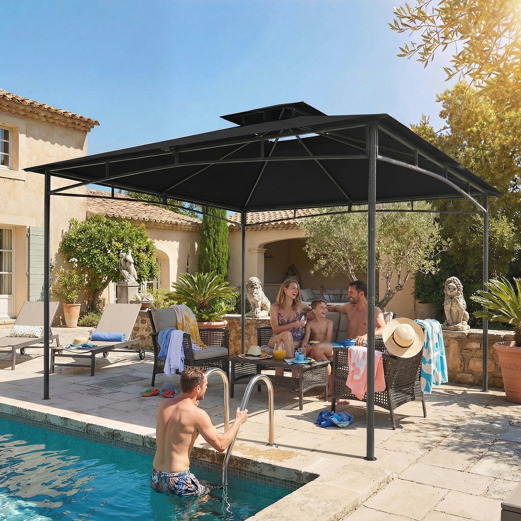 Outsunny 3 x 3 m Gazebo, Garden Gazebo with 2-Tier Roof, Metal Frame, Black 