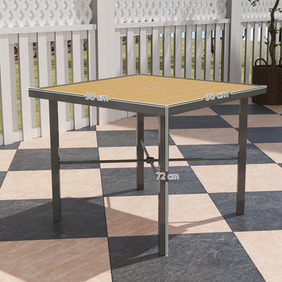 Outsunny Garden Table, 90cm Square Outdoor Patio Dining Table with 4.2 cm Umbrella Hole, Metal Frame, Wood Effect Top, for Terrace, Balcony, Natural Wood Finish 