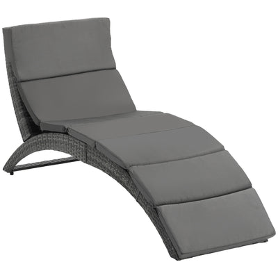Outsunny Outdoor Foldable PE Rattan Sun Lounger with Soft Padded Cushion, Ergonomic Curved Design Sun Bed for Balcony, Garden, Grey 