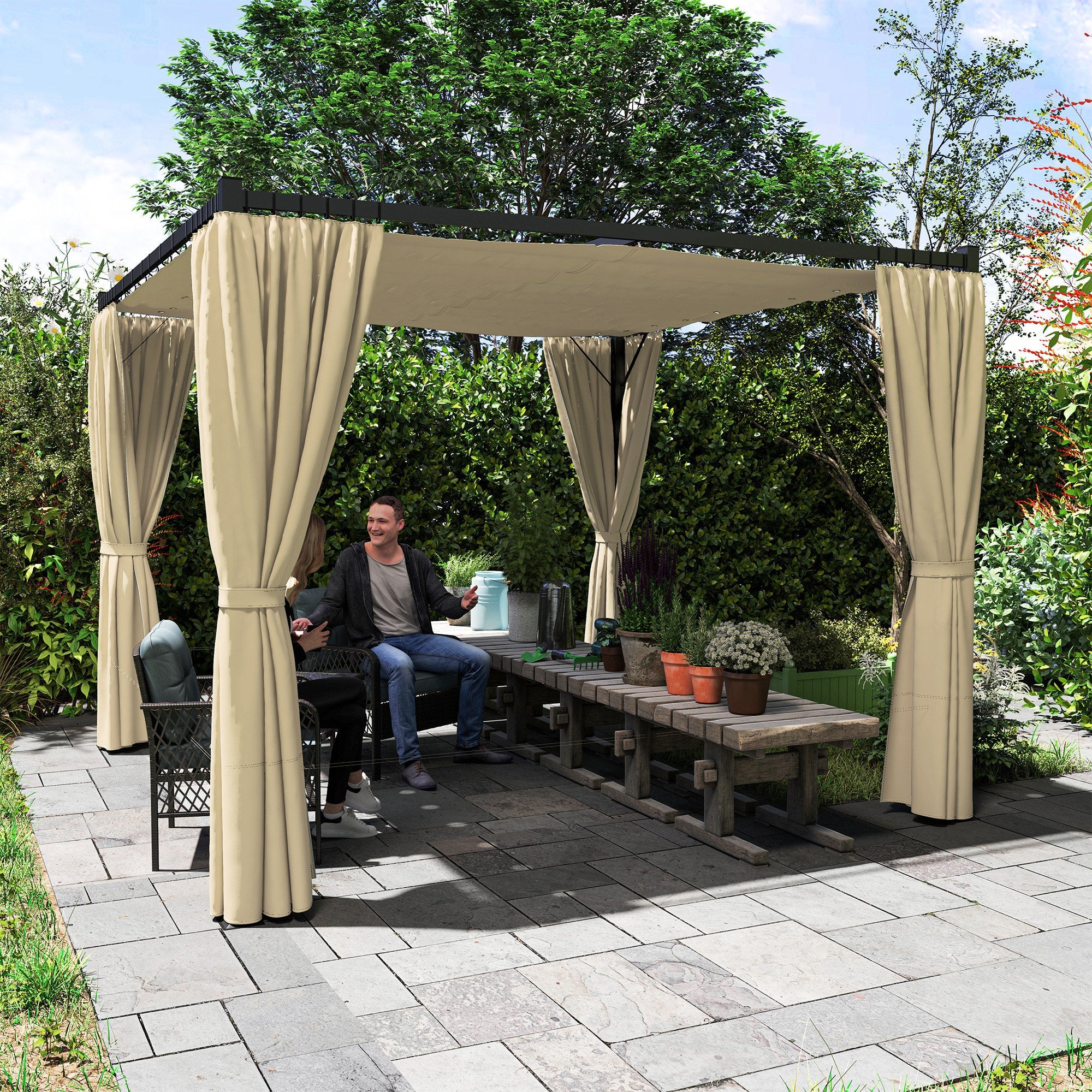 Outsunny 3 x 3m Retractable Roof Pergola, with Curtains - Khaki 