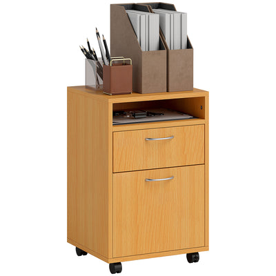 HOMCOM 60cm Filing Cabinet with Drawer, Open Shelf, Metal Handles and 4 Wheels, Office Home Organiser Mobile Printer, Natural Wood Finish 