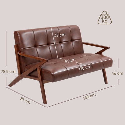 HOMCOM Compact 2 Seater Sofa, Vintage Tufted Loveseat Sofa with Solid Wood Legs, PU Leather Small Couch Settee for Living Room, Bedroom, Home Office, 133 x 81 x 78.5 cm, Brown 