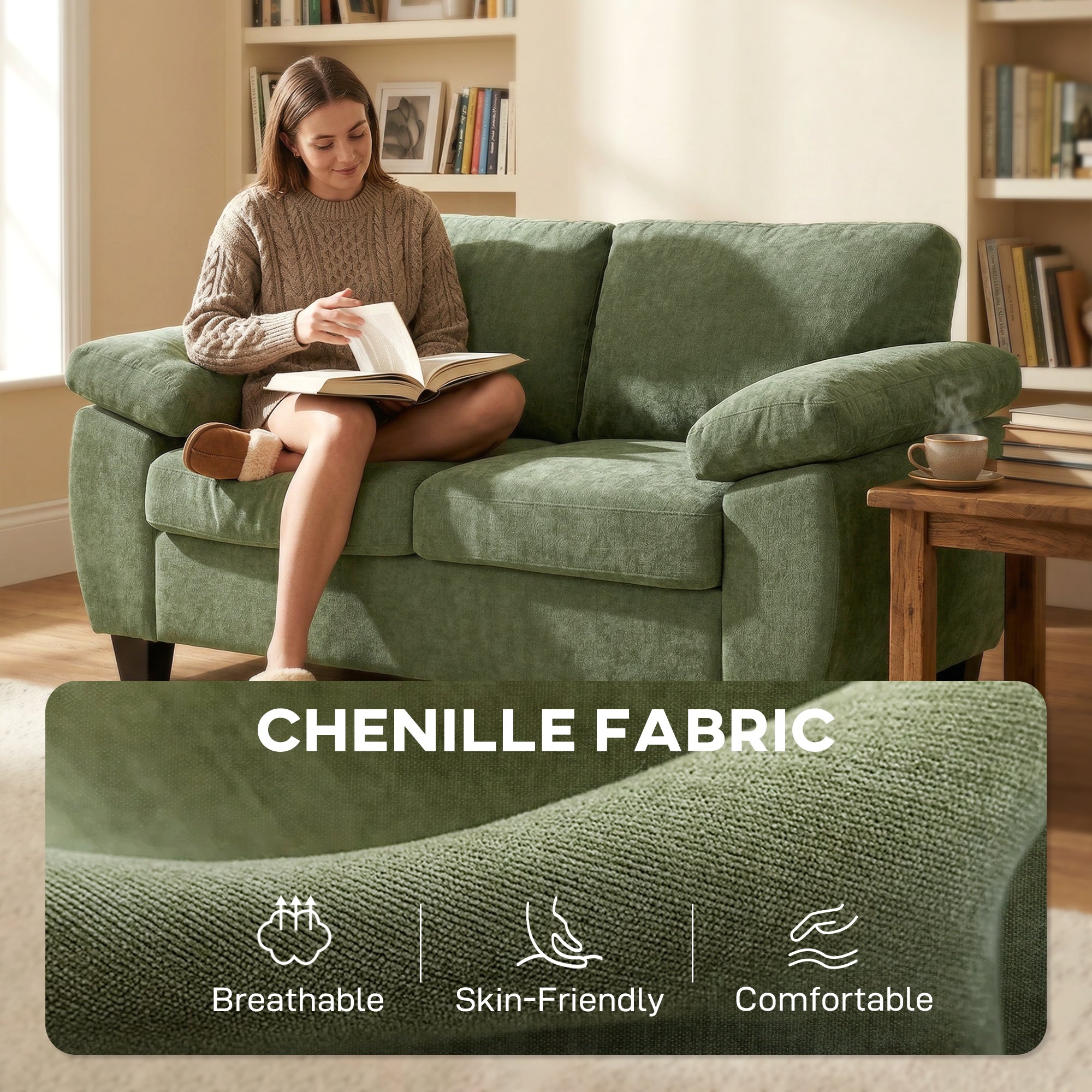 HOMCOM 2 Seater Sofa, 156cm Chenille Loveseat Sofa, Dark Green 