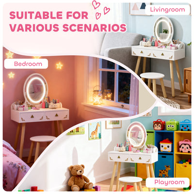 AIYAPLAY Kids Vanity Table and Chair Set with 3-Colour LED Lights Mirror, Drawer, Storage Boxes, for 3+ Years, White 