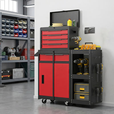 HOMCOM Tool Chest, Mobile Modular Tool Box with 5 Drawers, Side Rack, Pegboard, Lock, Tool Cabinet for Garage Workshop, Red
