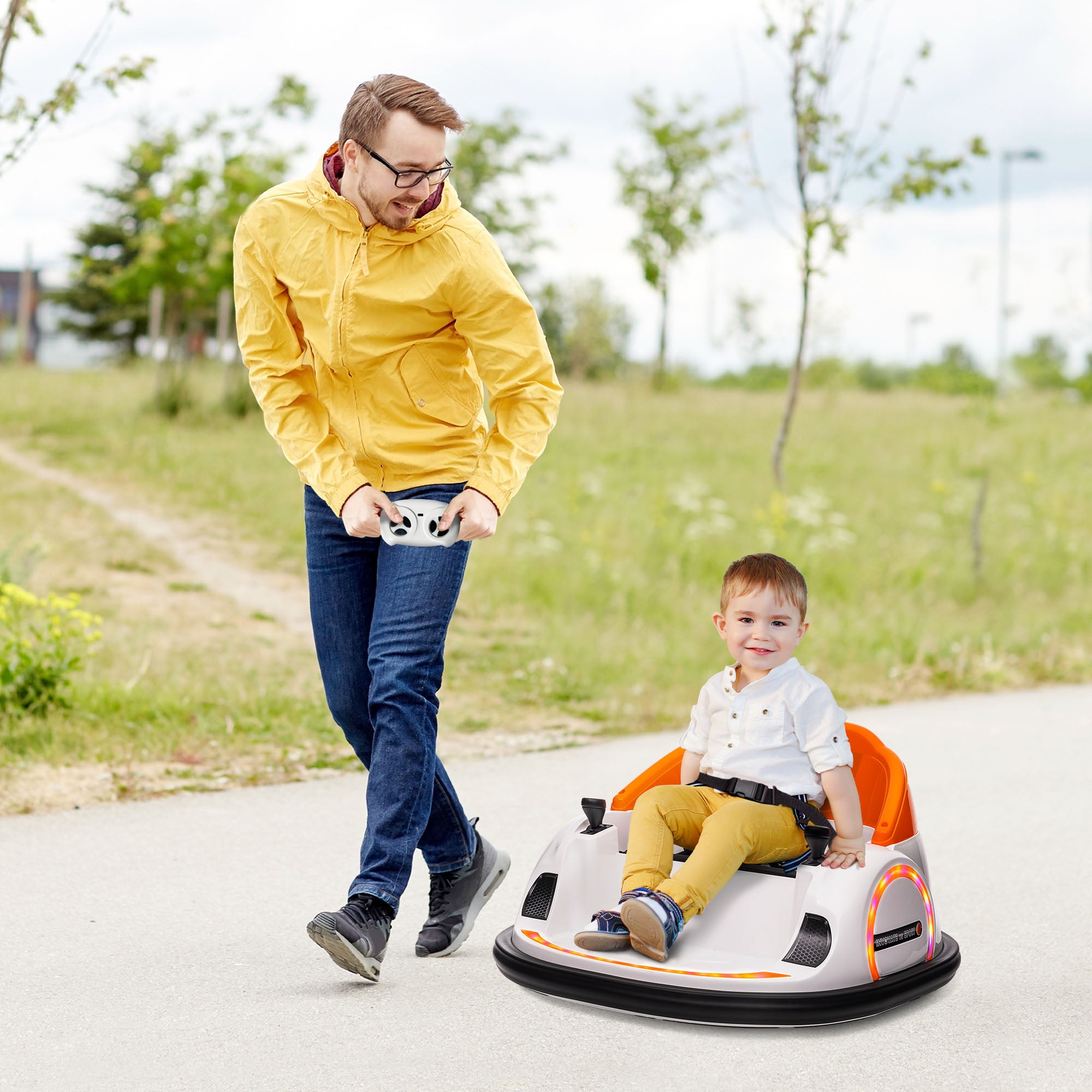 AIYAPLAY 360\'c2\'b0 Rotation Kids Bumper Car, 12V Waltzer Car with Remote Control, Dual Joysticks, Music Lights, Orange 