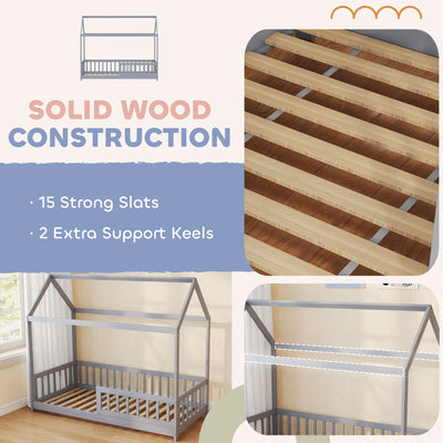 HOMCOM House-Shaped Kids Bed Frame with Guard Rails, Solid Pine Wood Single Bed Frame for Kids Boys and Girls, Grey