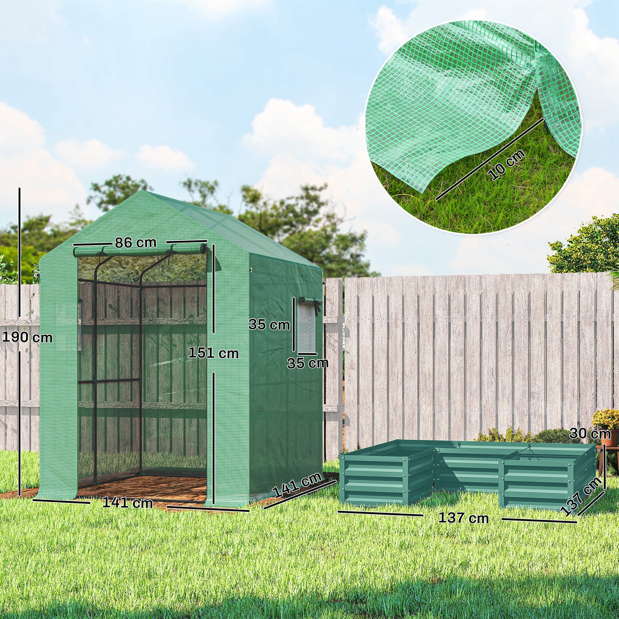 Outsunny Small Greenhouse with Raised Garden Bed, Galvanised Walk-in Greenhouse with Roll Up Windows, 141 x 141 x 190 cm, Green 