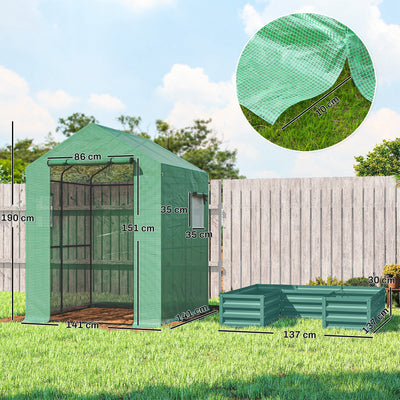 Outsunny Small Greenhouse with Raised Garden Bed, Galvanised Walk-in Greenhouse with Roll Up Windows, 141 x 141 x 190 cm, Green 