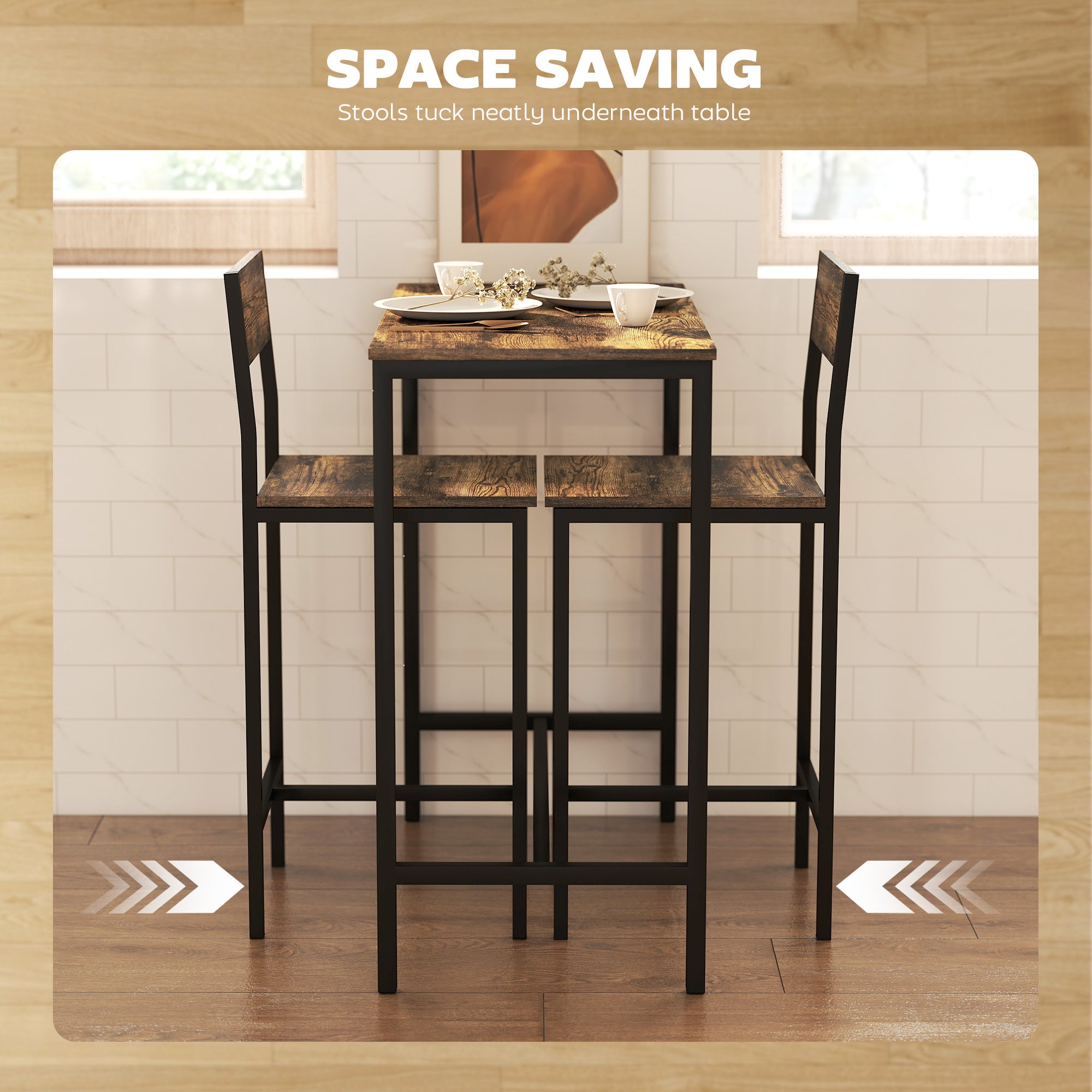 HOMCOM 3-Piece Bar Table Set with 2 Stools, Industrial Breakfast Bar Set with Footrest, Backrest for Dining Room, Small Space 
