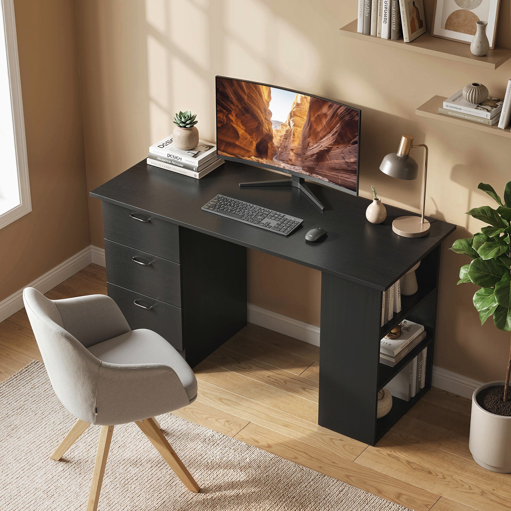 HOMCOM Computer Desk, Writing Table, PC Workstation with 3 Storage Shelves and Drawers, Handle, for Home Office, Black 
