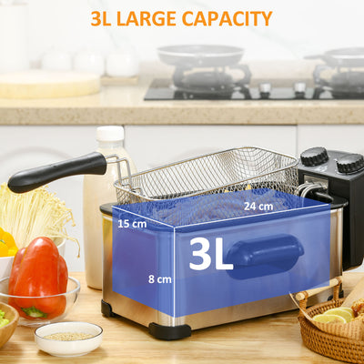 HOMCOM 3 Litre Stainless Steel Deep Fat Fryer with Adjustable Temp, 60min Timer, Viewing Window and Safety Cut Out, 2000W 