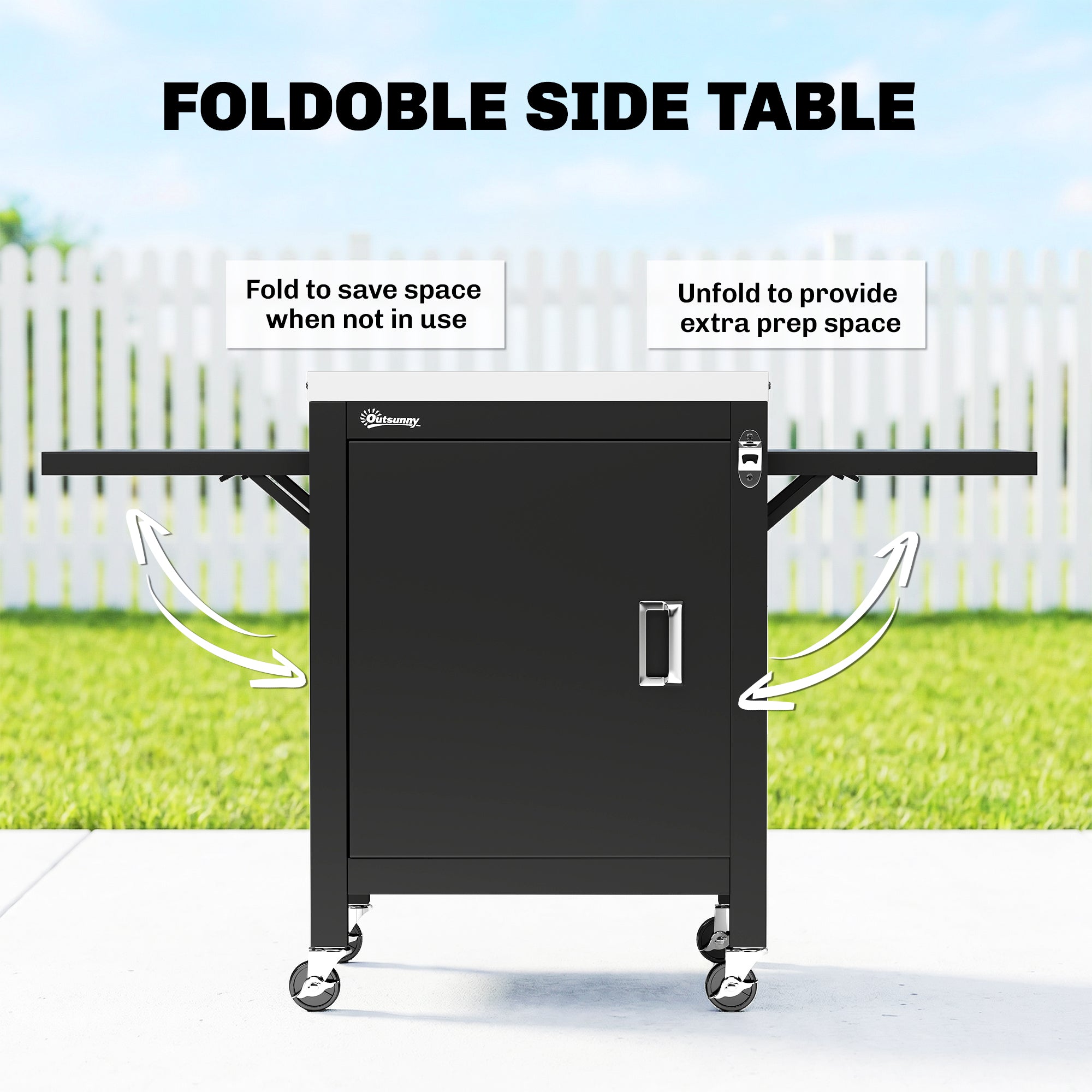 Outsunny Outdoor Grill Cart with Stainless Steel Tabletop, BBQ Table with a Cabinet, Towel Holder, Bottle Opener, Black 