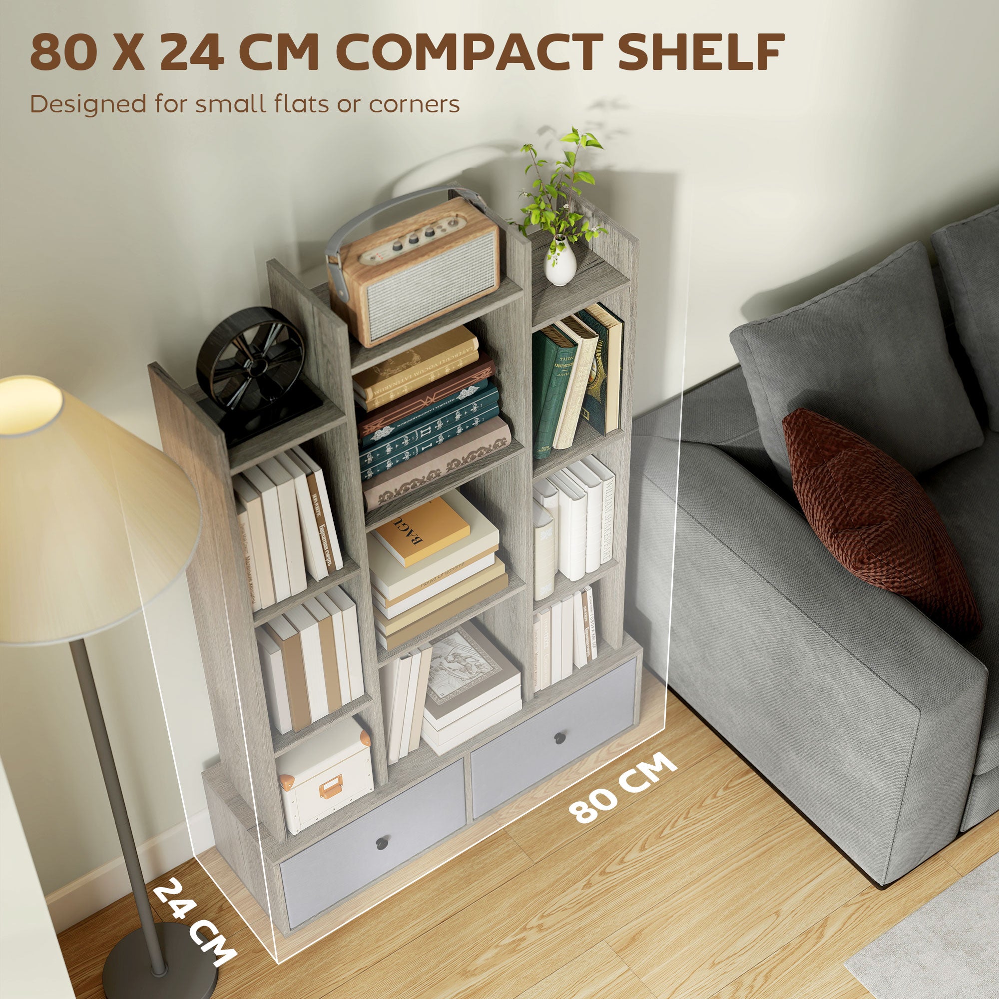 HOMCOM 12 Shelf Storage Unit, with Drawers - Graphite Wood Effect 
