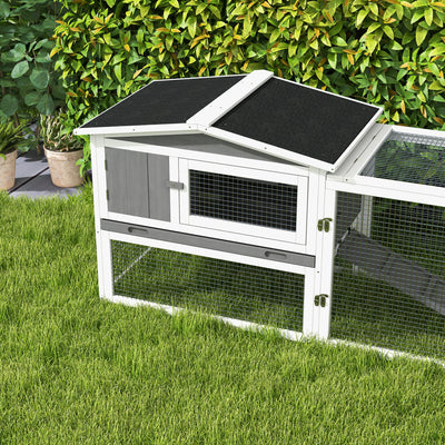 PawHut Rabbit Hutch with Run Wooden Guinea Pig Hutch Outdoor Bunny Cage Hide House with Sliding Tray, Hay Rack, Ramp, 156 x 58 x 68cm, Grey 