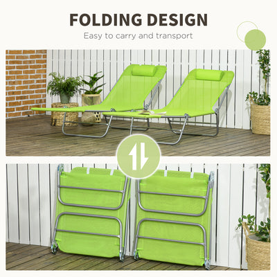 Outsunny Folding Sun Lounger Set of 2, Outdoor Day Beds with Pillow, Reclining Back, Steel Frame and Breathable Mesh for Beach, Yard, Patio, Green 