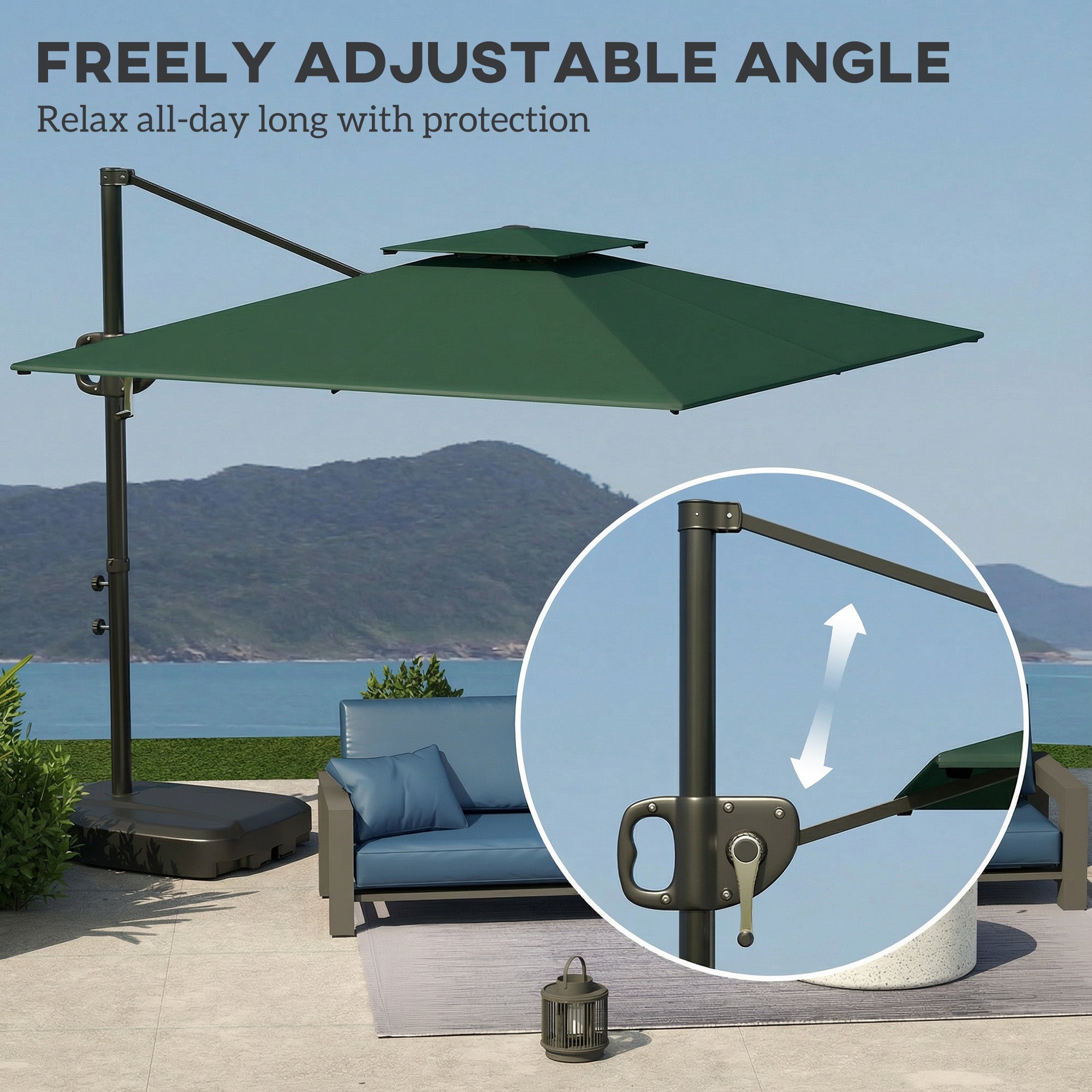 Outsunny Cantilever Parasol with Weighted Base Double Top Garden Parasol Square Hanging Patio Umbrella with Crank Tilt Dark Green 