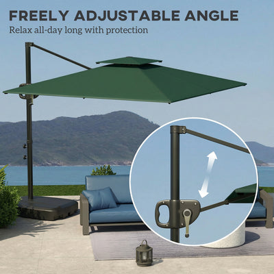 Outsunny Cantilever Parasol with Weighted Base Double Top Garden Parasol Square Hanging Patio Umbrella with Crank Tilt Dark Green 