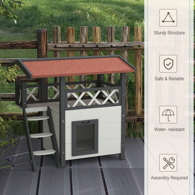 PawHut Cat House Outdoor w/ Balcony Stairs Roof, 77 x 50 x 73 cm, White 