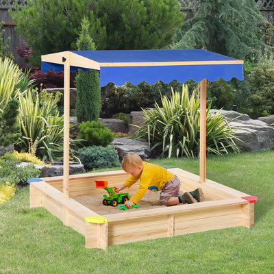 Outsunny Kids Wooden Sand Pit Children Square Sandbox Outdoor Playset Play Station Adjustable Canopy Bench Seat 120x120x120cm 