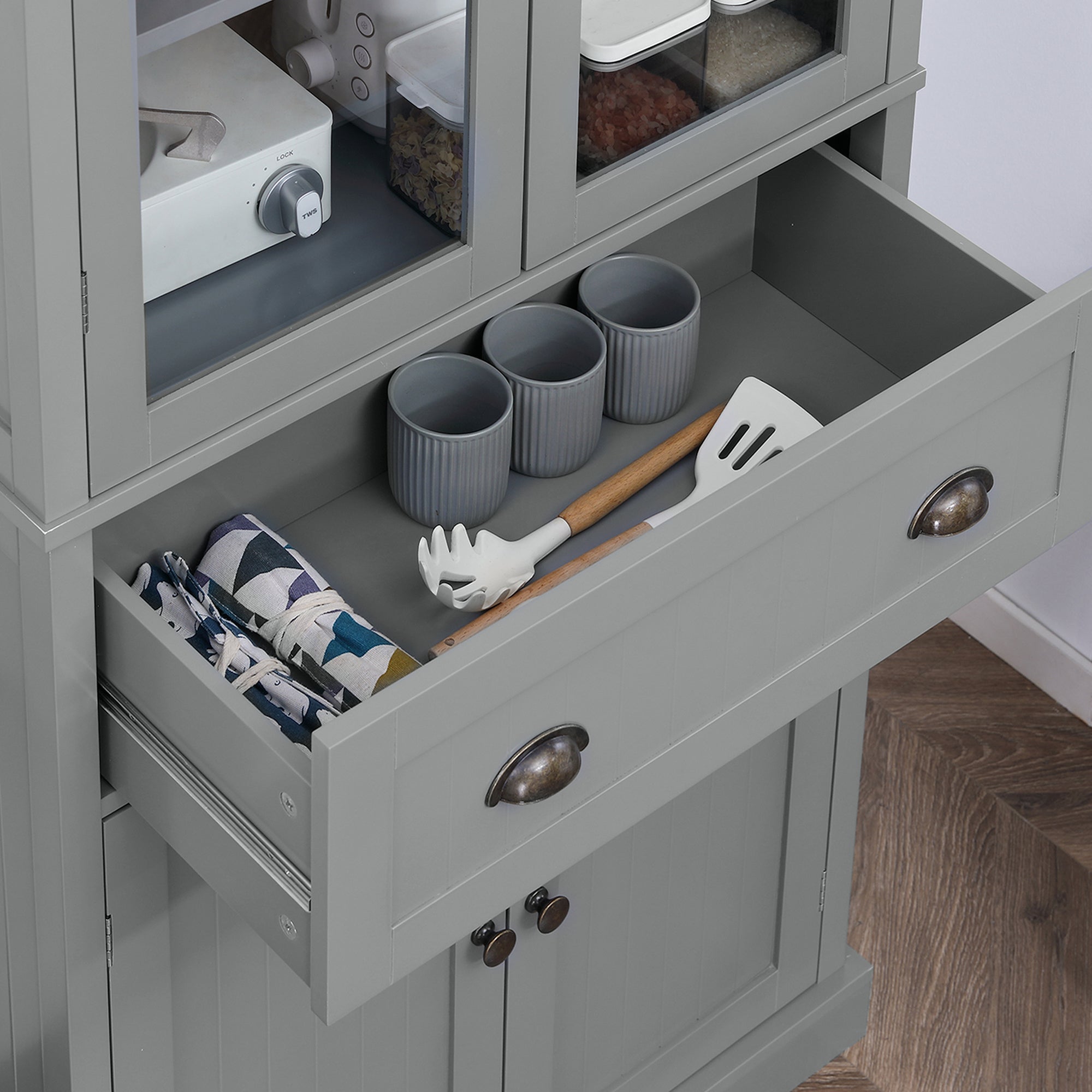 HOMCOM 180cm Tall Kitchen Pantry Cupboard, Freestanding Storage Cabinet with 5 Tier, Adjustable Shelves,  Drawer, Grey 
