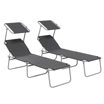Outsunny Outdoor Foldable Sun Lounger Set of 2, 4 Level Adjustable Backrest Reclining Sun Lounger Chair with Angle Adjust Sun Shade Awning for Beach, Garden, Patio, Grey 
