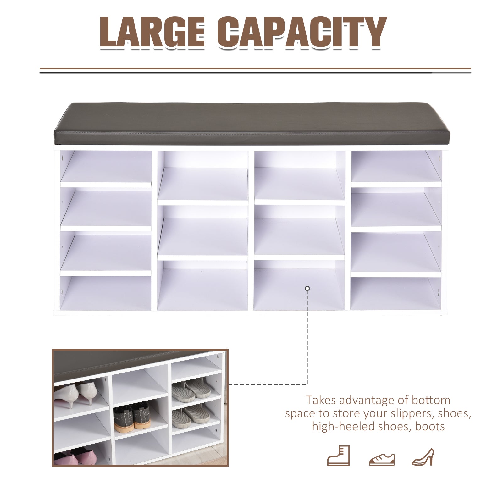 HOMCOM Multi-Storage Shoe Rack w/ 14 Compartments Cushion Moving Shelves Solid Frame Foot Pads Home Office Tidy Organisation Boots Trainers White 
