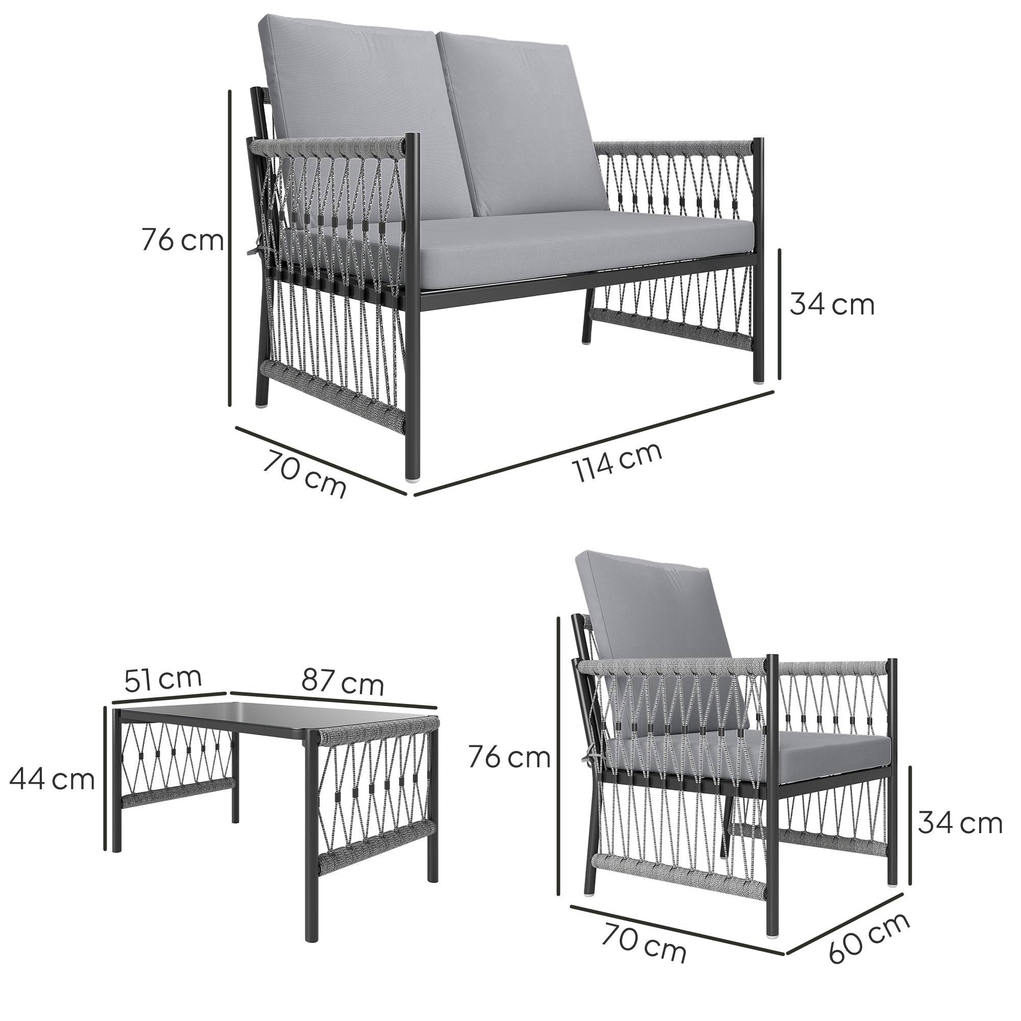 Outsunny 4 Piece Rattan Garden Furniture Set, 4 Seater Wicker Patio Conversation Set with 2 Armchairs, Loveseat, Glass Top Coffee Table and Cushions for Outdoor, Balcony, Grey 