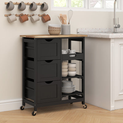 HOMCOM Rolling Kitchen Island Cart, Bar Serving Cart, Compact Trolley on Wheels with Wood Top, Shelves & Drawers for Home Dining Area, Black 