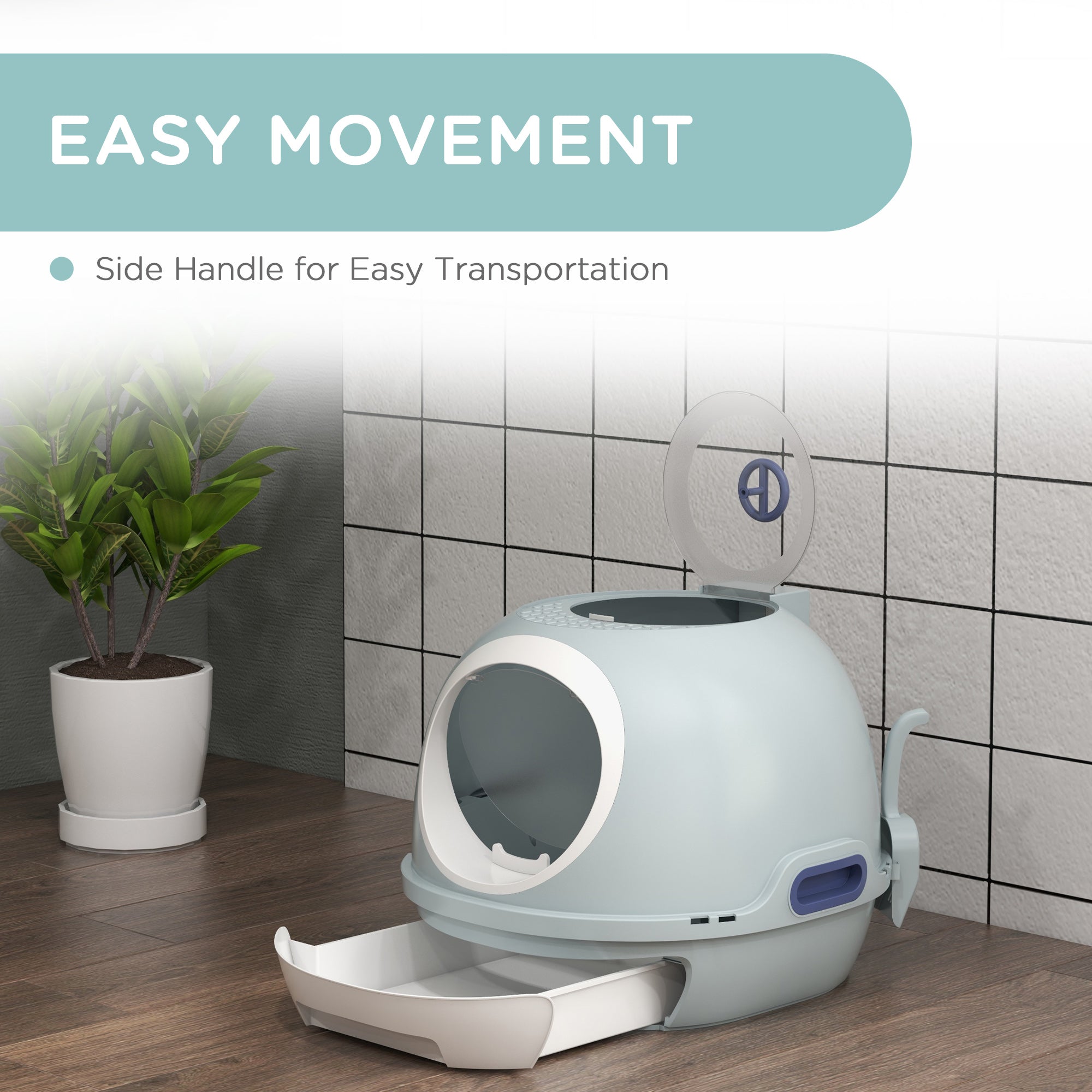 PawHut Cat Litter Box Toilet with Litter Scoop Enclosed Drawer, Front Entry Top Exit, Easy To Clean Blue 
