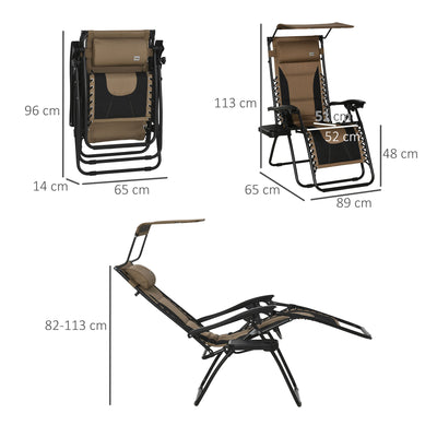 Outsunny Zero Gravity Lounger Chair, Folding Reclining Patio Chair with Shade Cover, Padded Seat, Cup Holder, Soft Cushion and Headrest for Poolside, Camping, Coffee 