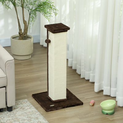 PawHut 81cm Cat Scratcher, Vertical Full Scratcher w/ Natural Sisal Rope, Hanging Ball, Soft Plush - Brown 