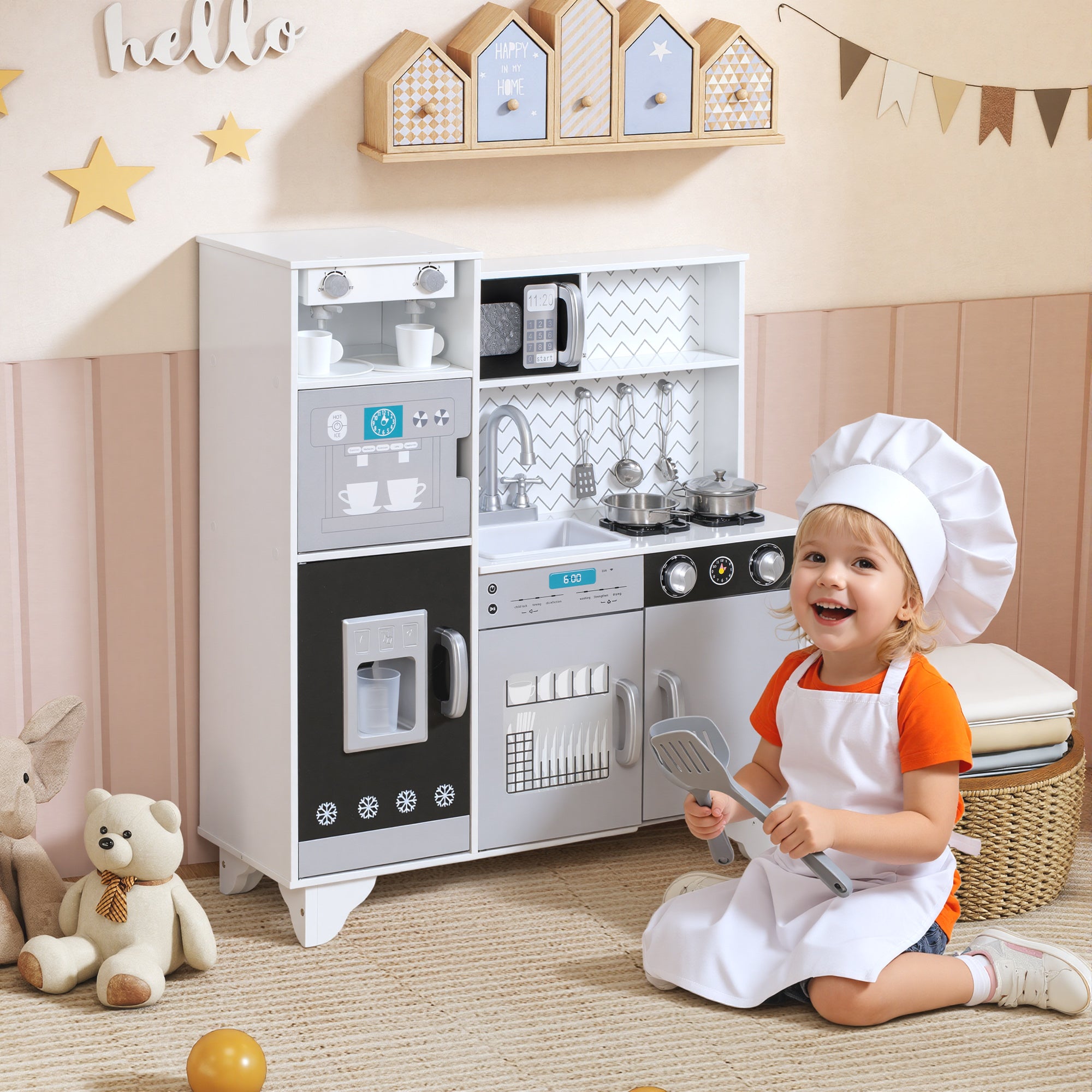 AIYAPLAY Kids Play Kitchen with Sound, Ice/Coffee Maker, Utensils, Microwave, Stainless Steel Utensils, for 3-6 Years 