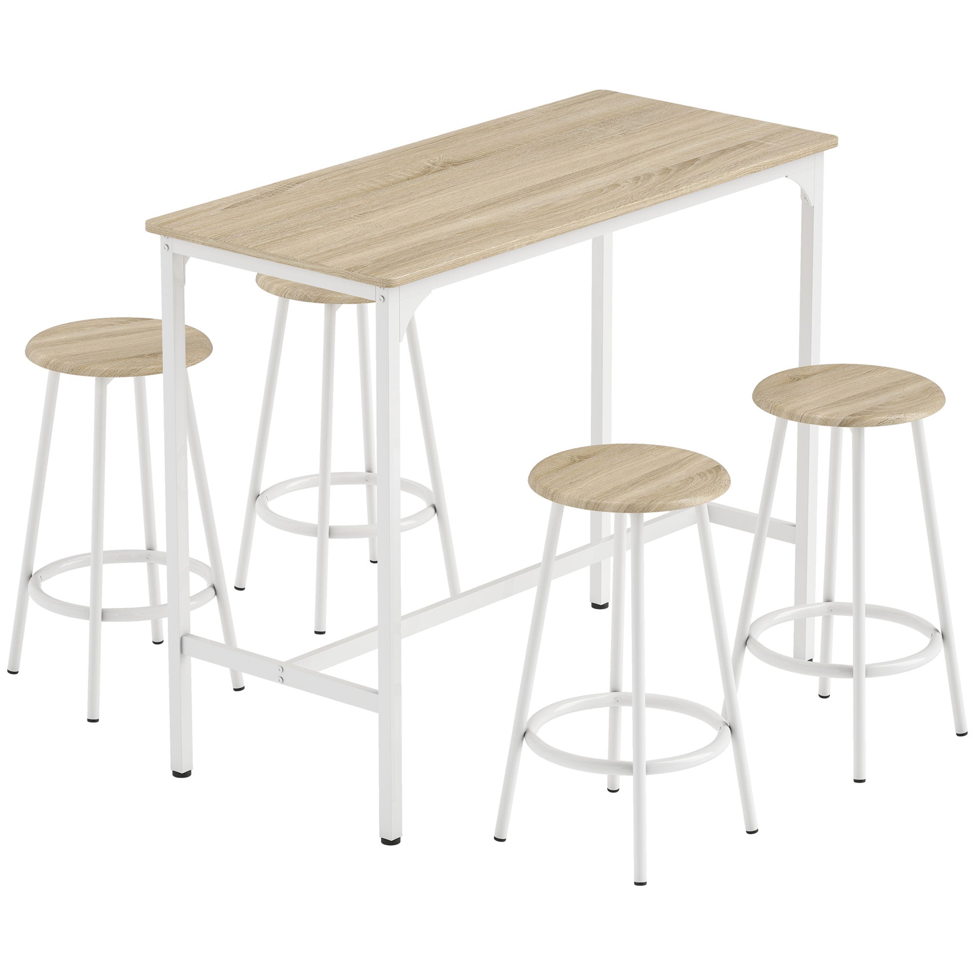 HOMCOM 5 Piece Bar Table Set for 4 with Stools, Metal Frame, Footrest for Kitchen Natural Wood 