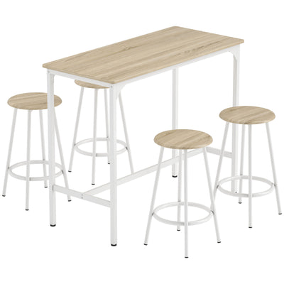 HOMCOM 5 Piece Bar Table Set for 4 with Stools, Metal Frame, Footrest for Kitchen Natural Wood 